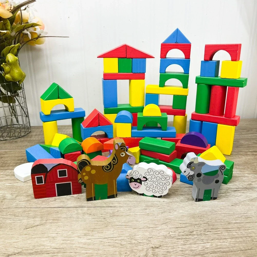 Wooden Building Blocks Farm Set Barn Animals Horse Sheep Goat 80+ Pieces Kids